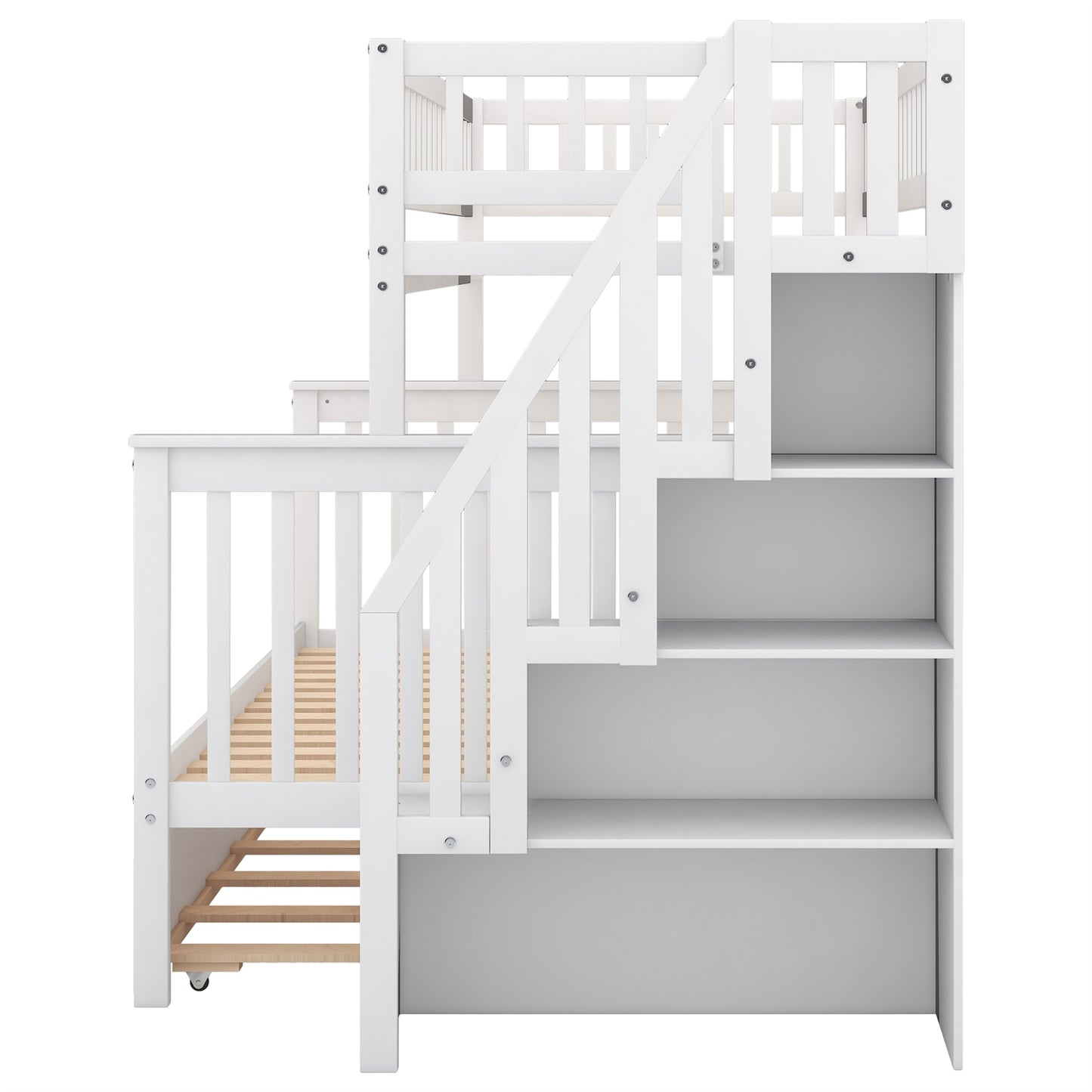 WM Store Twin over Full Bunk Bed with Trundle and Staircase - White