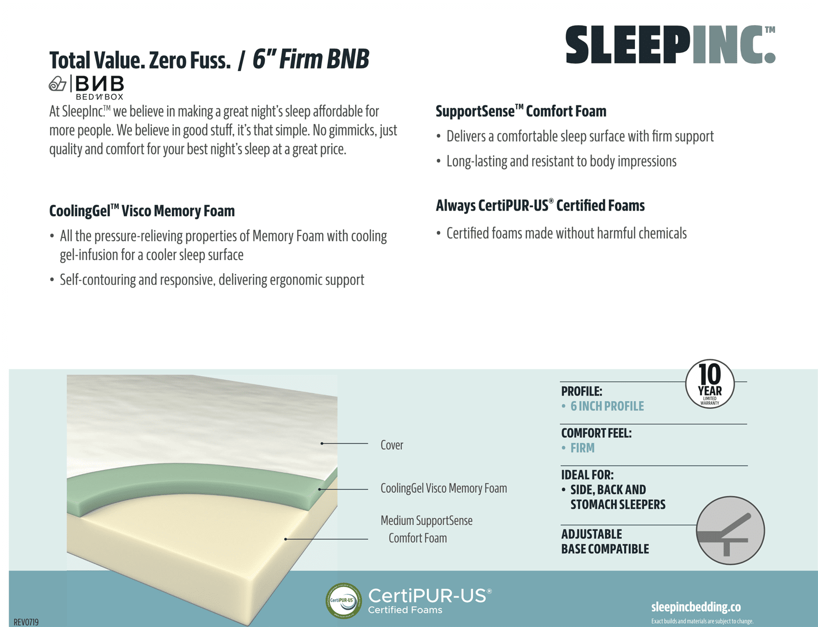 Sleep Inc S20406 6" Firm Gel Memory Foam Mattress