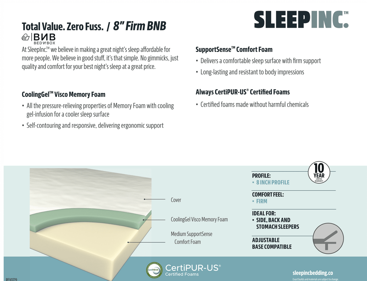 Sleep Inc S20408 8" Firm Gel Memory Foam Mattress