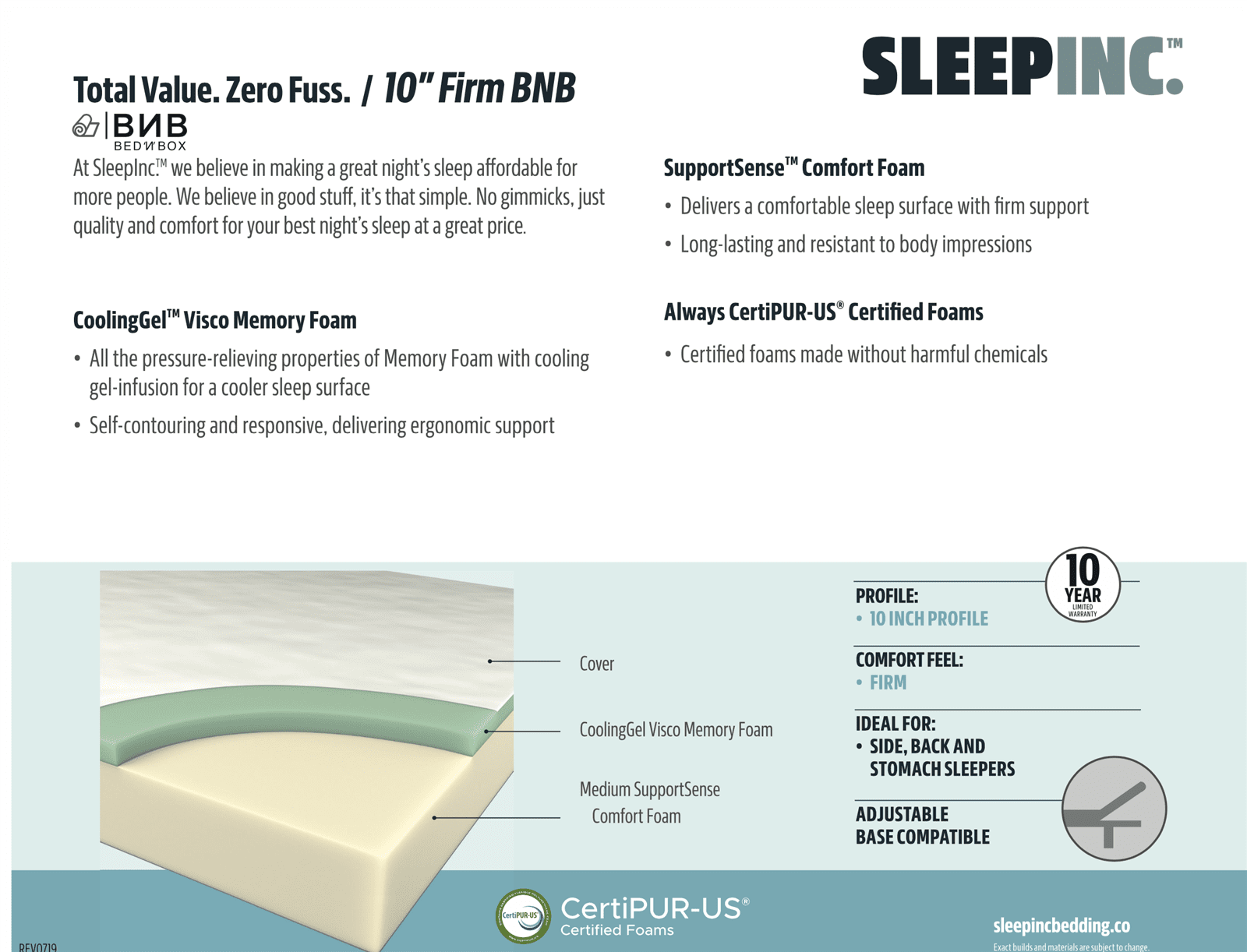 Sleep Inc S20410 10" Firm Gel Memory Foam Mattress