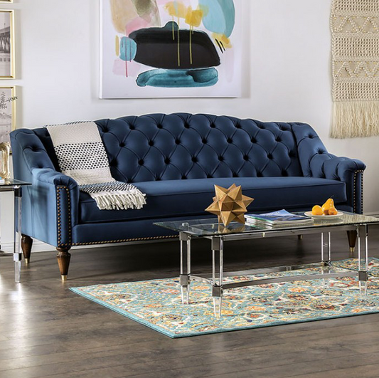 Martinique Blue Velvet Camel Back Sofa - Furniture of America SM2230