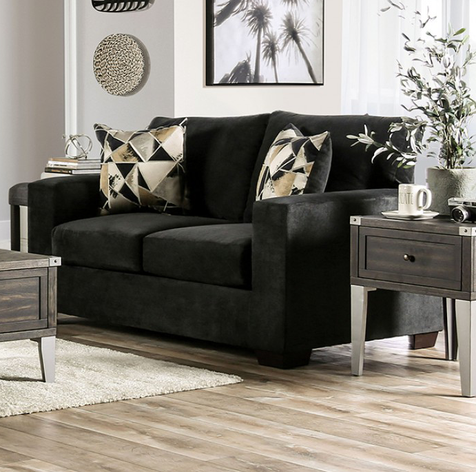 Heathway Chenille Upholstered Sofa in Black- Furniture of America