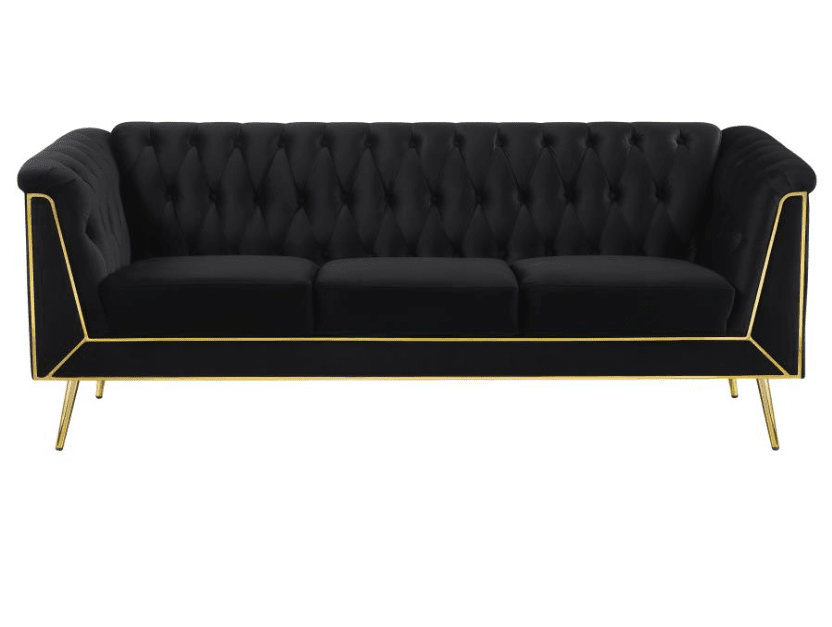Modern Chesterfield Sofa in Black Velvet & Brass