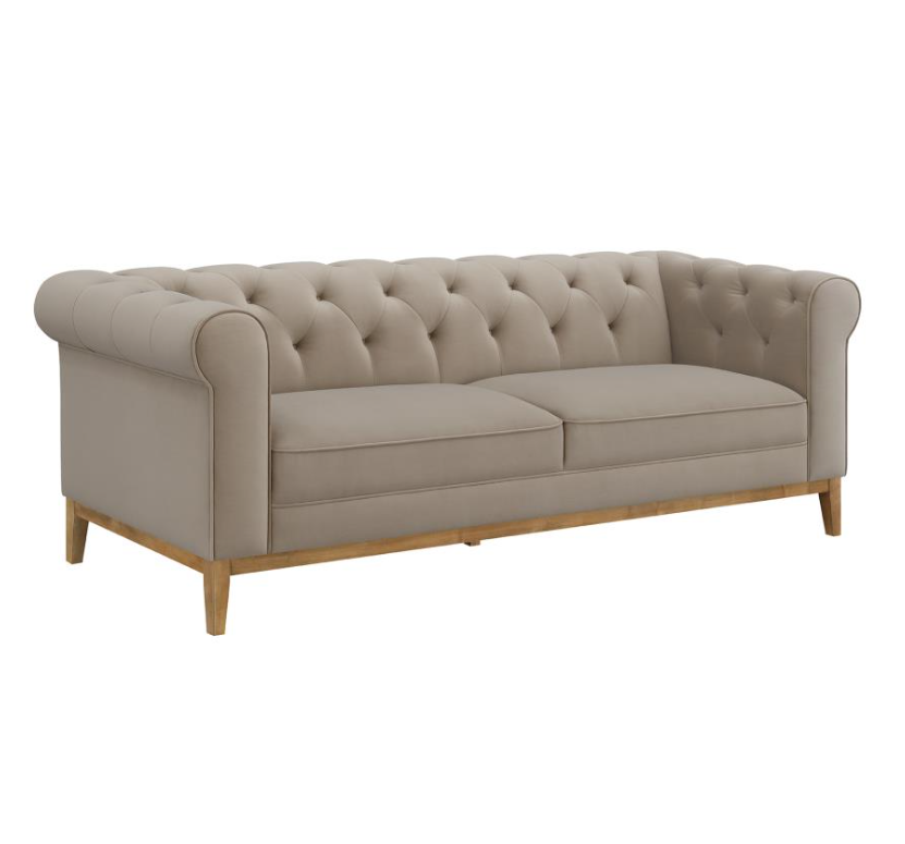 Langly Modern Chesterfield Sofa in Camel Velvet with Natural Base