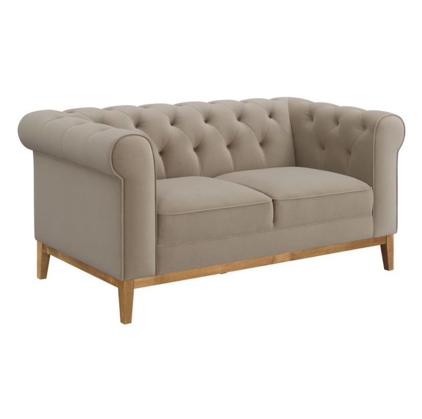 Langly Modern Chesterfield Sofa in Camel Velvet with Natural Base