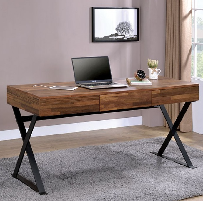 Tensed Industrial Writing Desk in Varied Natural Finish with Black Base