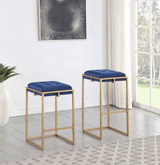 Nadia Square Padded Seat Counter Height Stool Set of 2 Blue and Gold