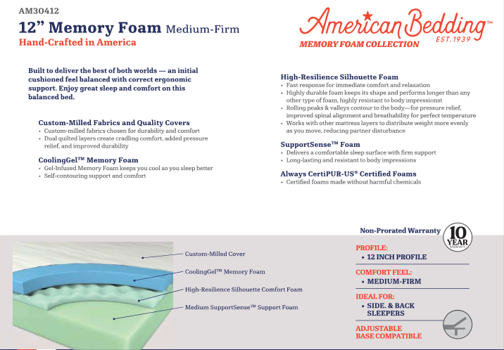 American Bedding 12" Memory Foam Mattress - Medium Firm