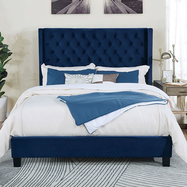 Ryleigh Transitional Navy Blue Velvet Tufted Platform Bed