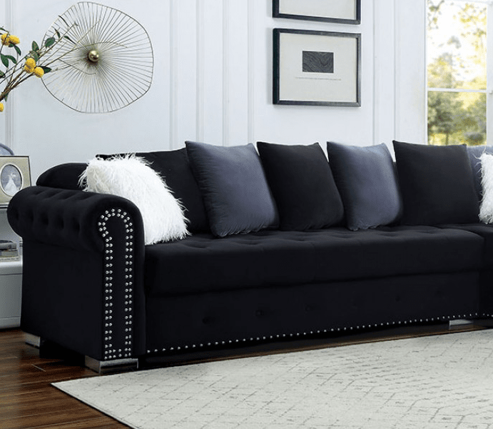 Wilmington Studded Velvet Glam Sectional in Black