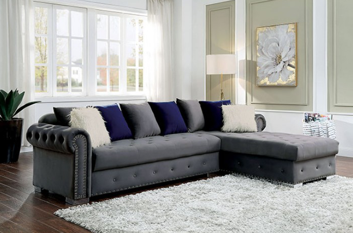 Wilmington Studded Velvet Glam Sectional in Gray