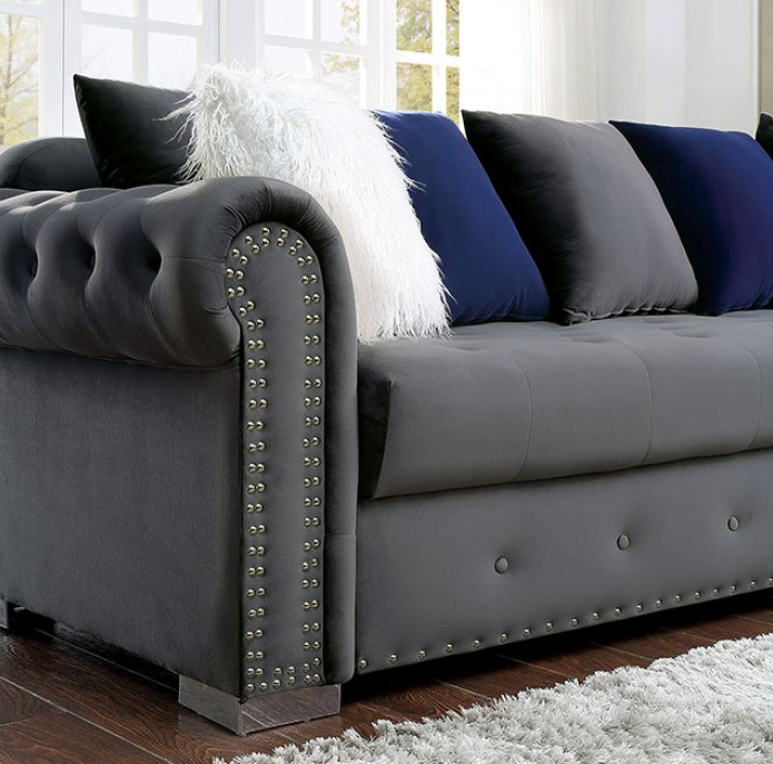 Wilmington Studded Velvet Glam Sectional in Gray