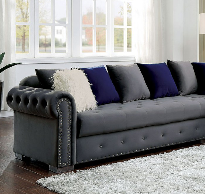 Wilmington Studded Velvet Glam Sectional in Gray