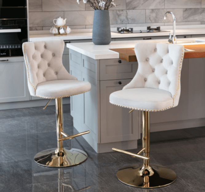 A&A Furniture Velvet Swivel Bar Stools with Gold Base Set of 2