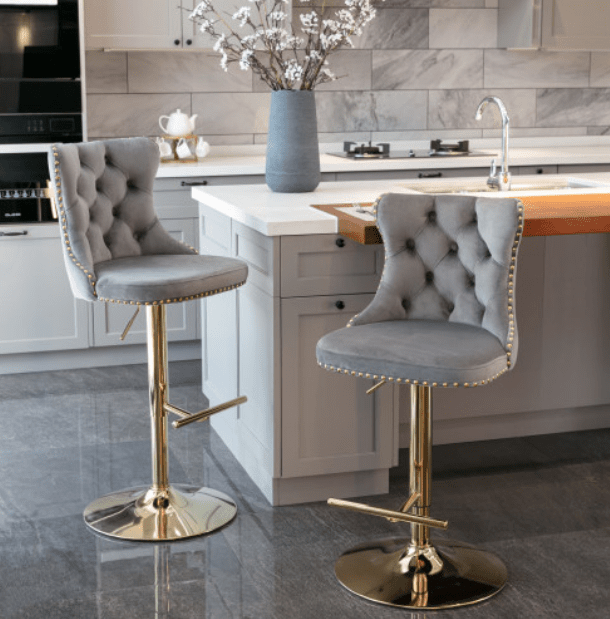 A&A Furniture Velvet Swivel Bar Stools with Gold Base Set of 2