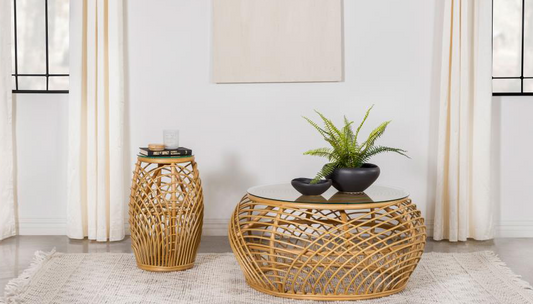 Dahlia Natural Woven Rattan Coffee Table with Glass Top
