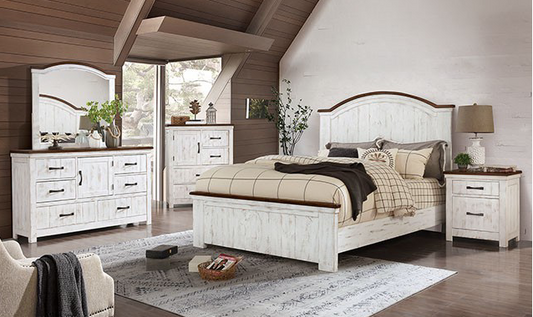 Alyson Transitional Bedroom Set in Distressed White & Walnut - King