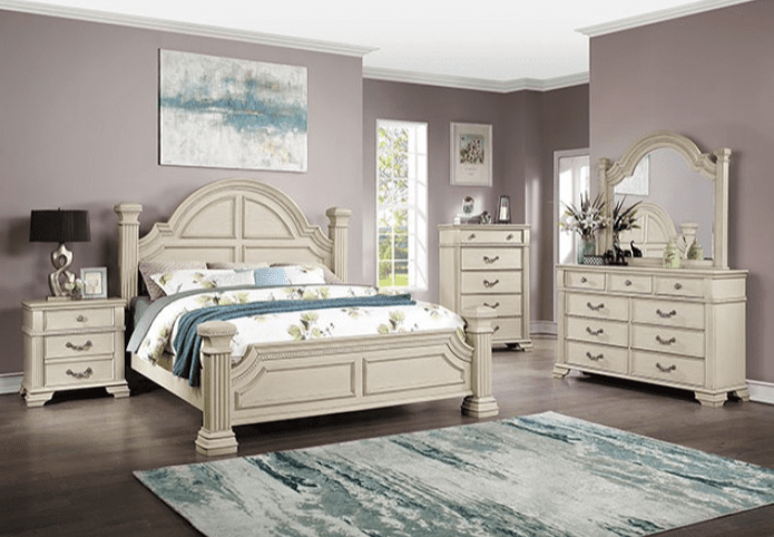 Pamphilos Traditional Arched Poster Bed in Antique White - Queen