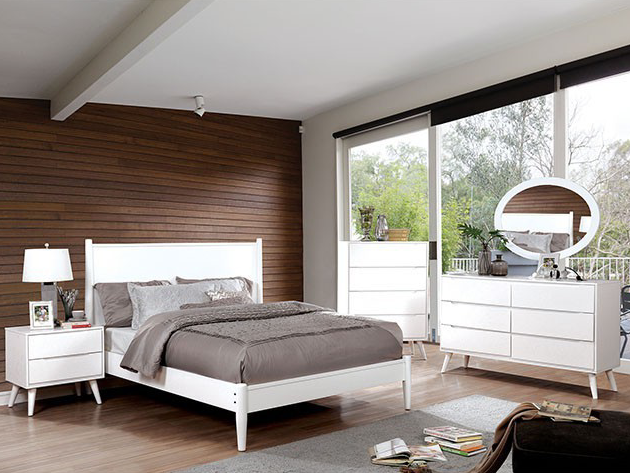 Lennart II White Finish Mid-Century Modern Queen Platform Bed