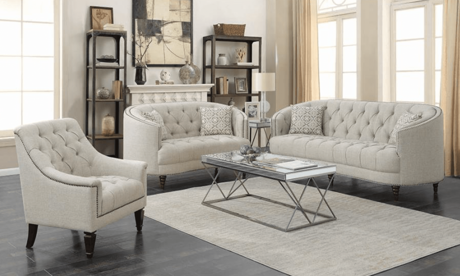 Avonlea Light Grey Tufted Linen "C" Shape Sofa with Turned Feet