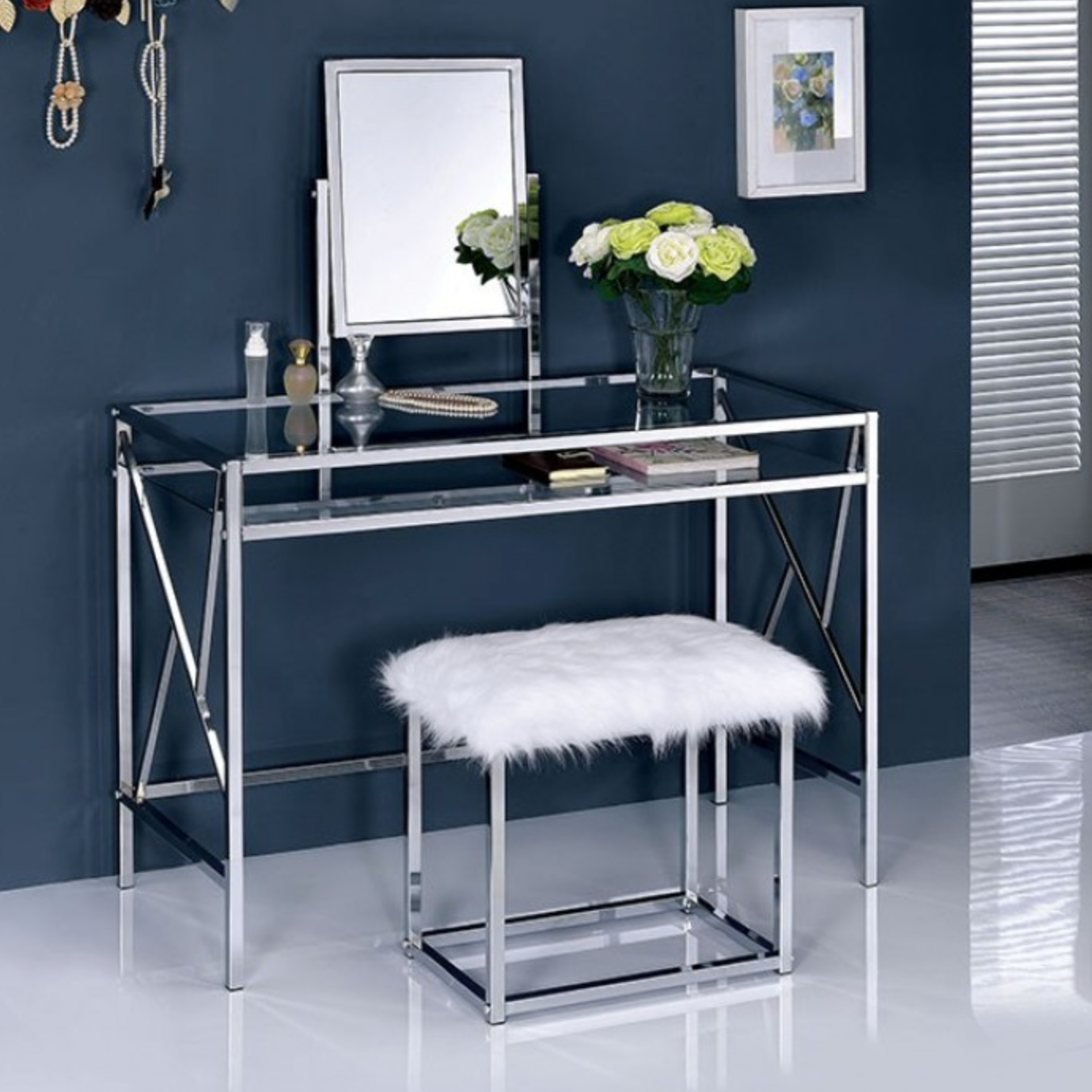 Lismore Silver Vanity Set W- Stool