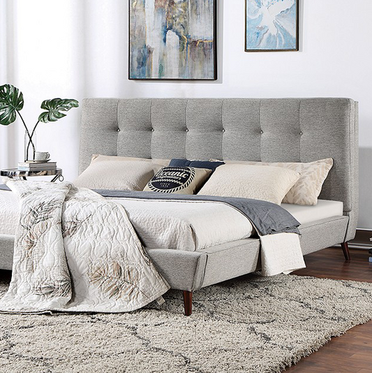 Lemin Mid-Century Platform Bed in Gray with Walnut Feet - Queen