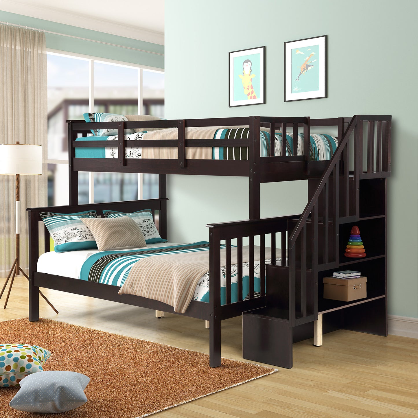 Homey Life Twin-Over-Full Bunk Bed with Storage in Espresso