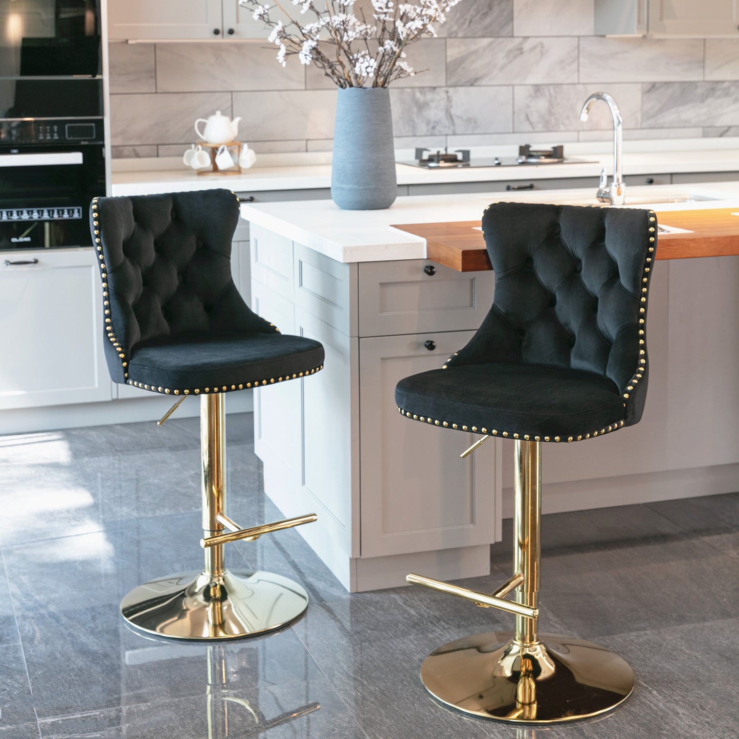 A&A Furniture Velvet Swivel Bar Stools with Gold Base Set of 2