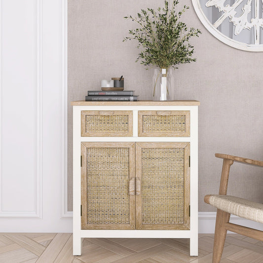 Wooden Cabinet with 2 Drawer and 2 Doors Vintage Accent Storage Cabinet for Entryway, Living Room