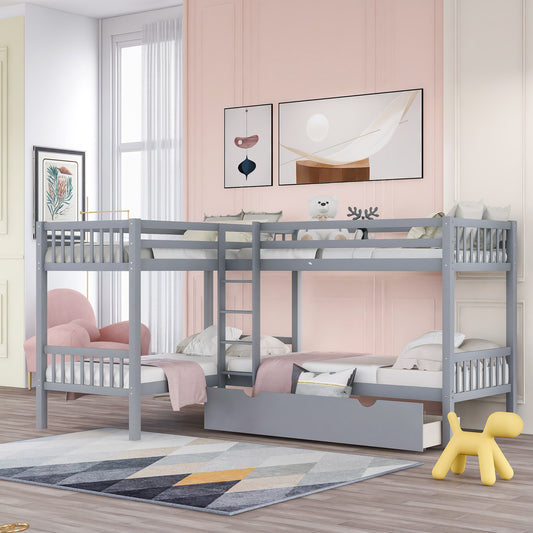 Homey Life Twin L-Shaped Bunk bed with Drawers-Gray