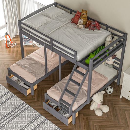 WM Store Full over Twin & Twin Bunk Bed,Triple Bunk Bed with Drawers, Gray