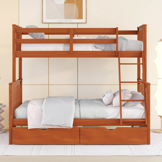 Homey Life Twin-Over-Full Bunk Bed with Ladders and Two Storage Drawers Walnut