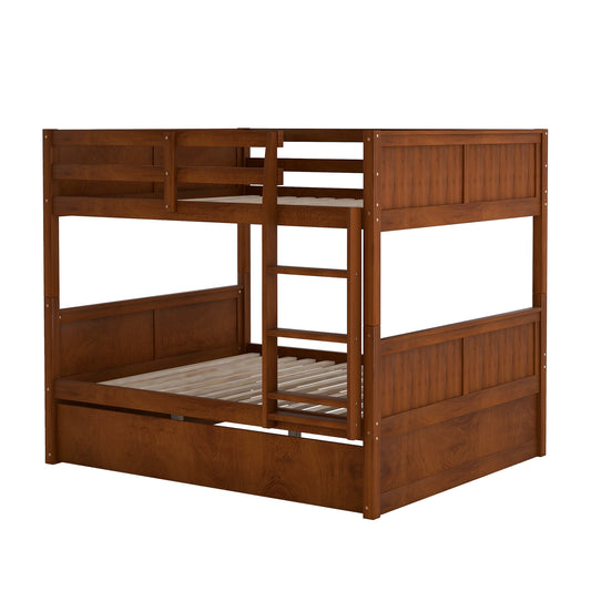 Homey Life Full Over Full Bunk Bed with Twin Size Trundle, Walnut