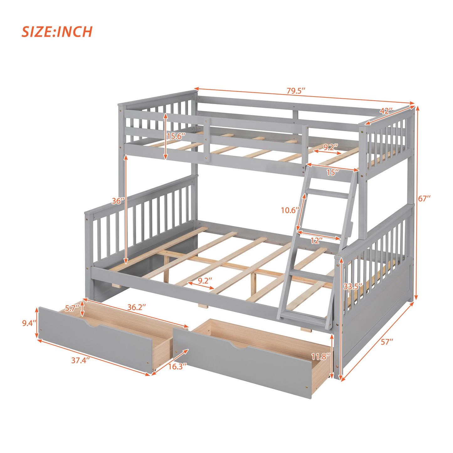 Homey Life Twin-Over-Full Bunk Bed with Ladders and Two Storage Drawers Gray