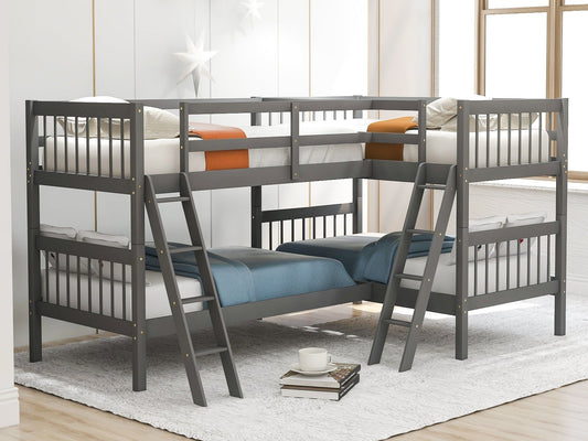 Homey Life Mission Style Twin Size L-Shaped Bunk Bed with Ladder - Gray