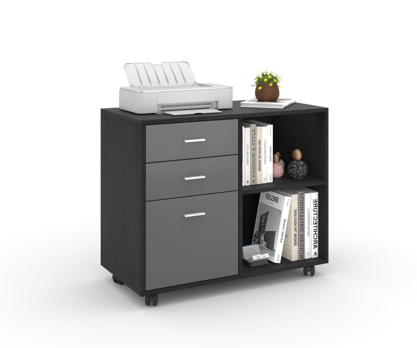 File Cabinet with 3 Drawer Mobile Lateral Filing Cabinet/Storage Cabinet for Home Office Black & Dark Grey