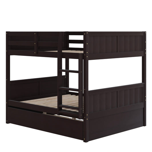 Homey Life Full Over Full Bunk Bed with Twin Size Trundle, Espresso