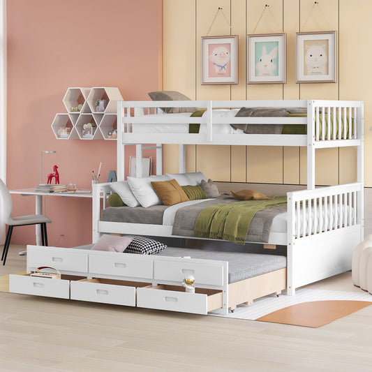 Homey Life Twin-Over-Full Bunk Bed with Twin size Trundle , Separable Bunk Bed with Drawers for Bedroom - White