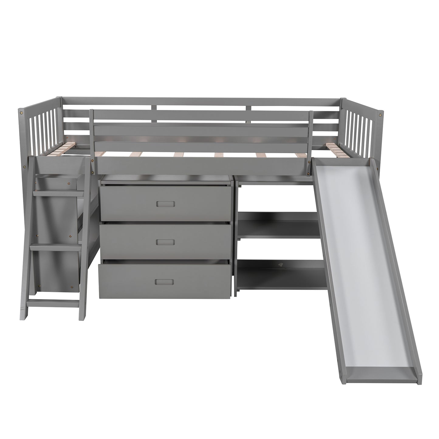 Low Loft Bed with Attached Bookcases and Separate 3-tier Drawers - Gray
