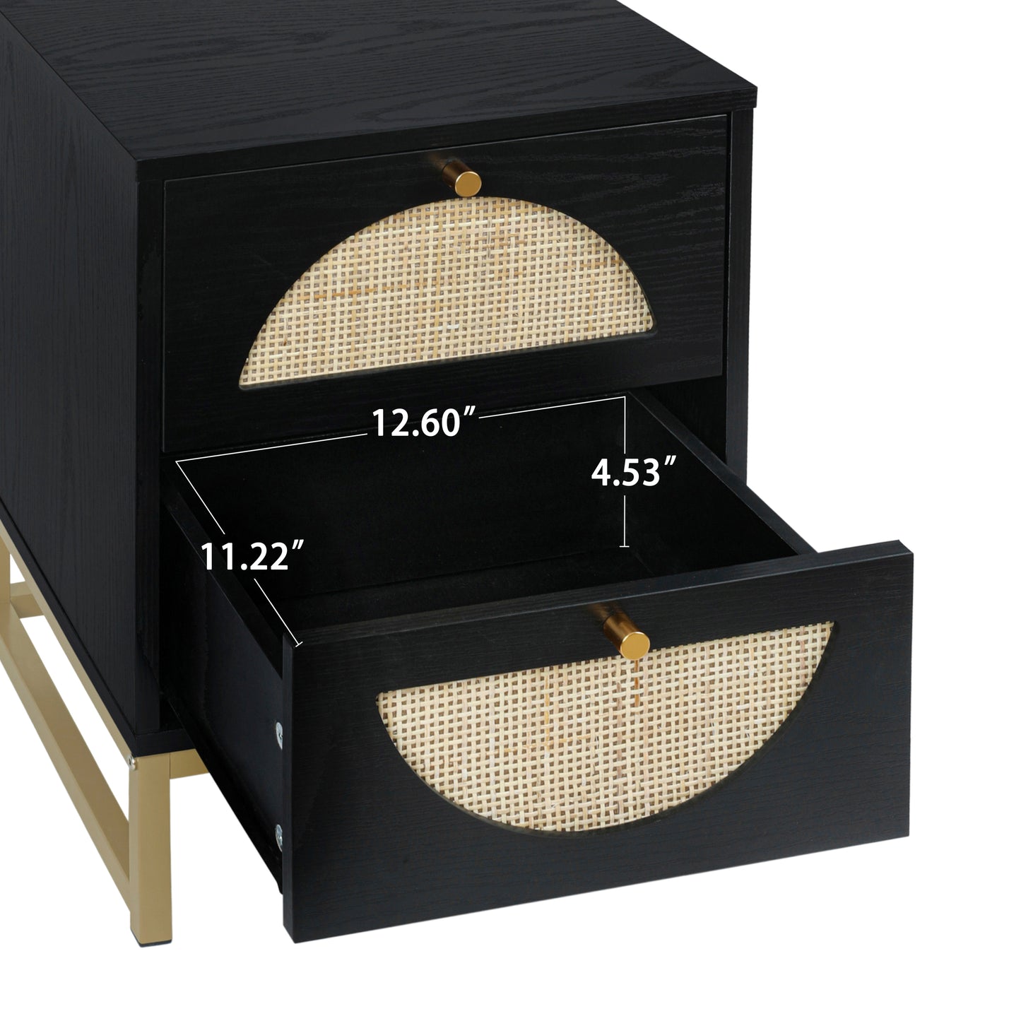 Milestone Allen Modern 2 Drawer Nightstand in Black & Gold with Natural Rattan