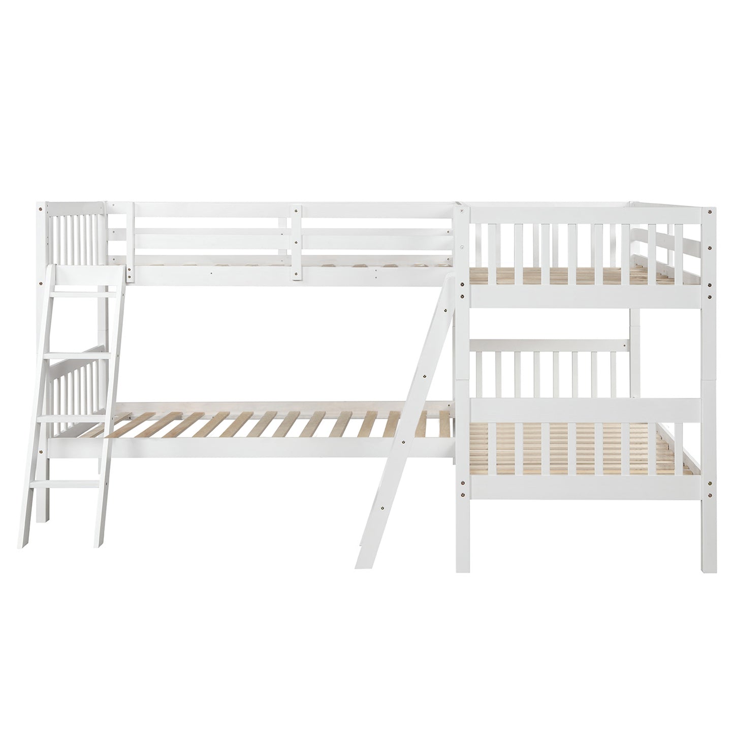 Homey Life Mission Style Twin L-Shaped Bunk Bed with Ladder - White
