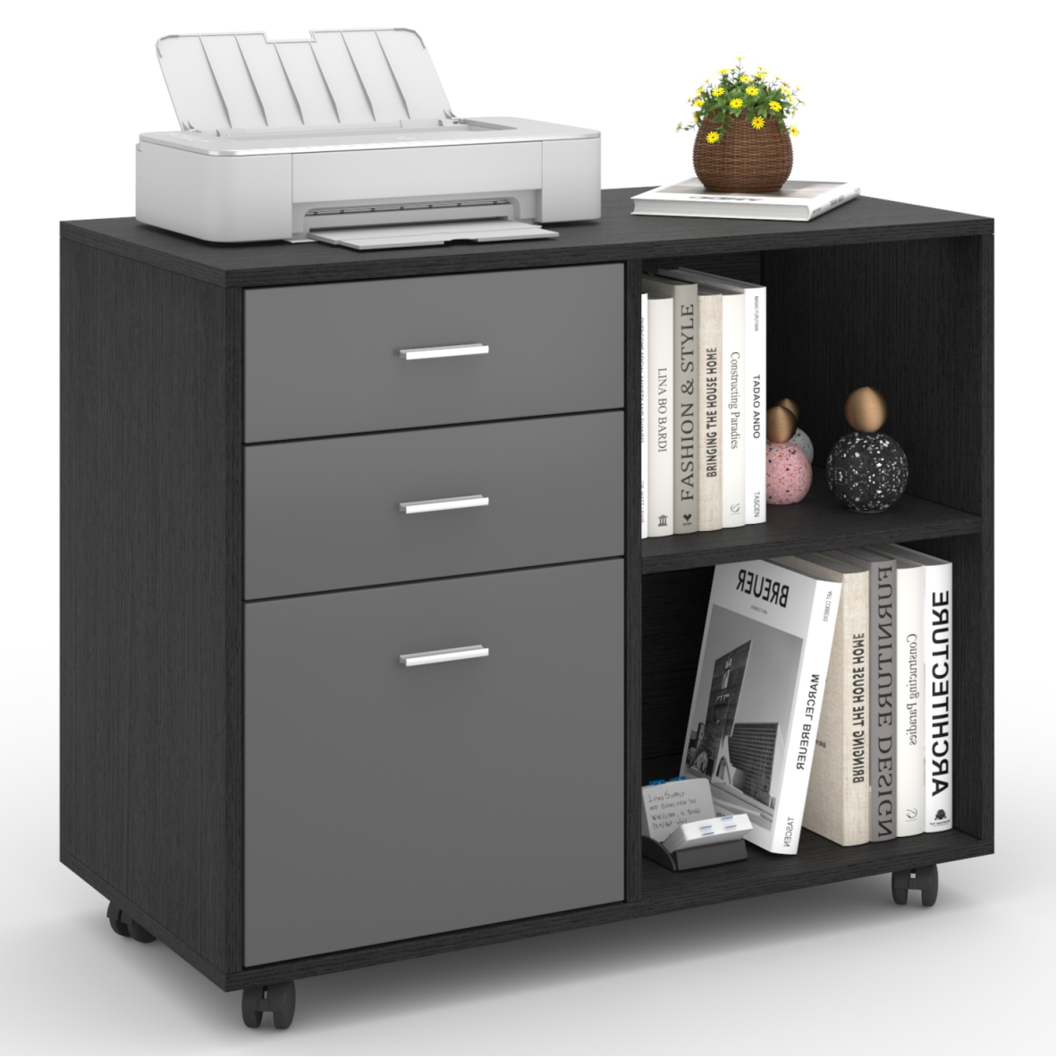 File Cabinet with 3 Drawer Mobile Lateral Filing Cabinet/Storage Cabinet for Home Office Black & Dark Grey