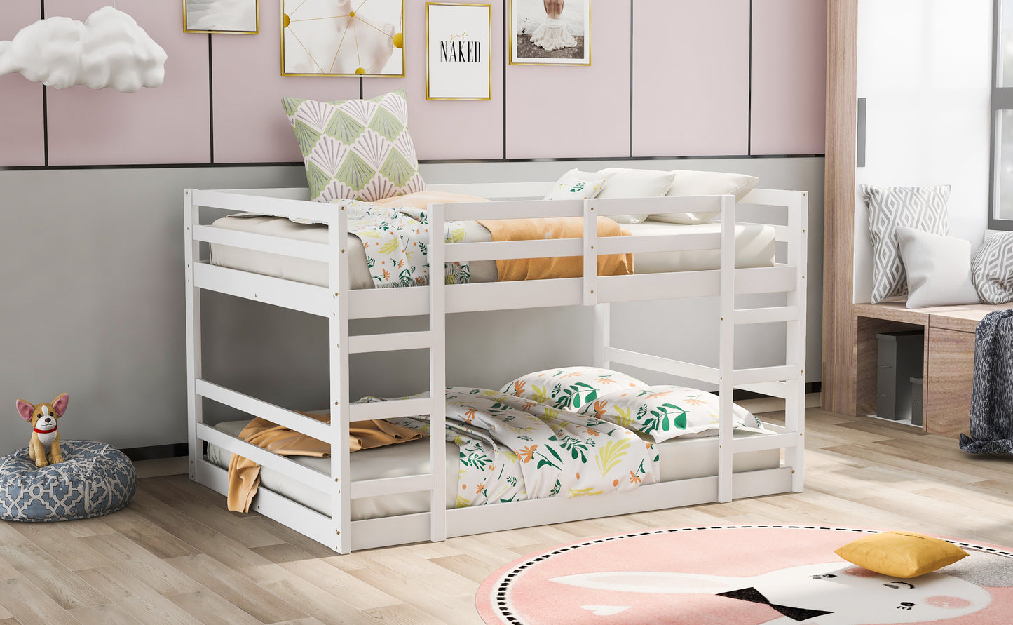 Full Over Full Bunk Bed with Ladder, White
