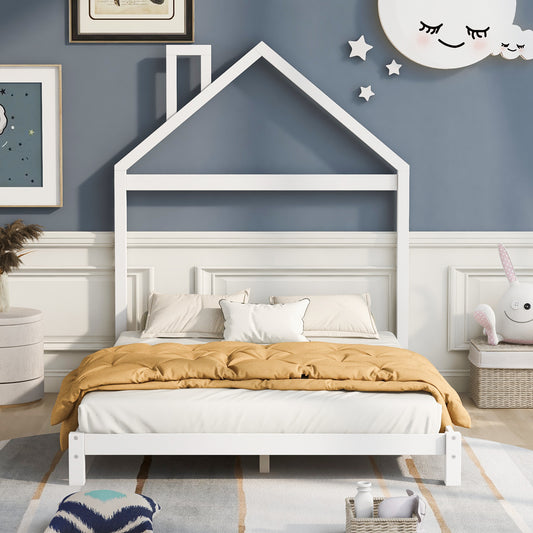 Homey Life Full Size Wood Platform Bed with House-shaped Headboard White