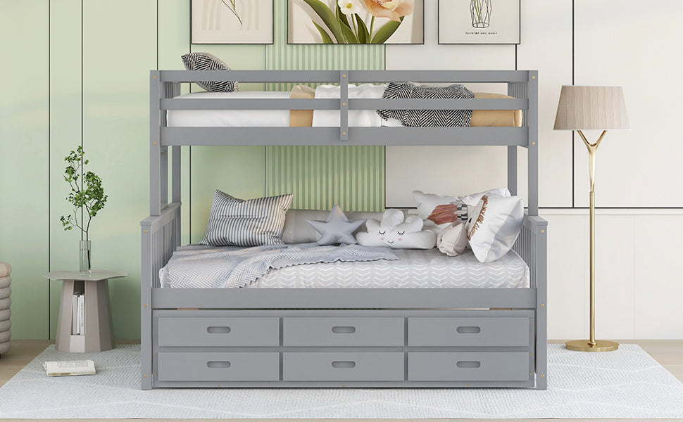 Homey Life Twin-Over-Full Bunk Bed with Twin size Trundle , Separable Bunk Bed with Drawers for Bedroom - Gray