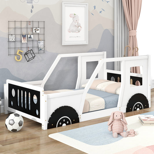 Twin Size Classic Car-Shaped Platform Bed with Wheels,White
