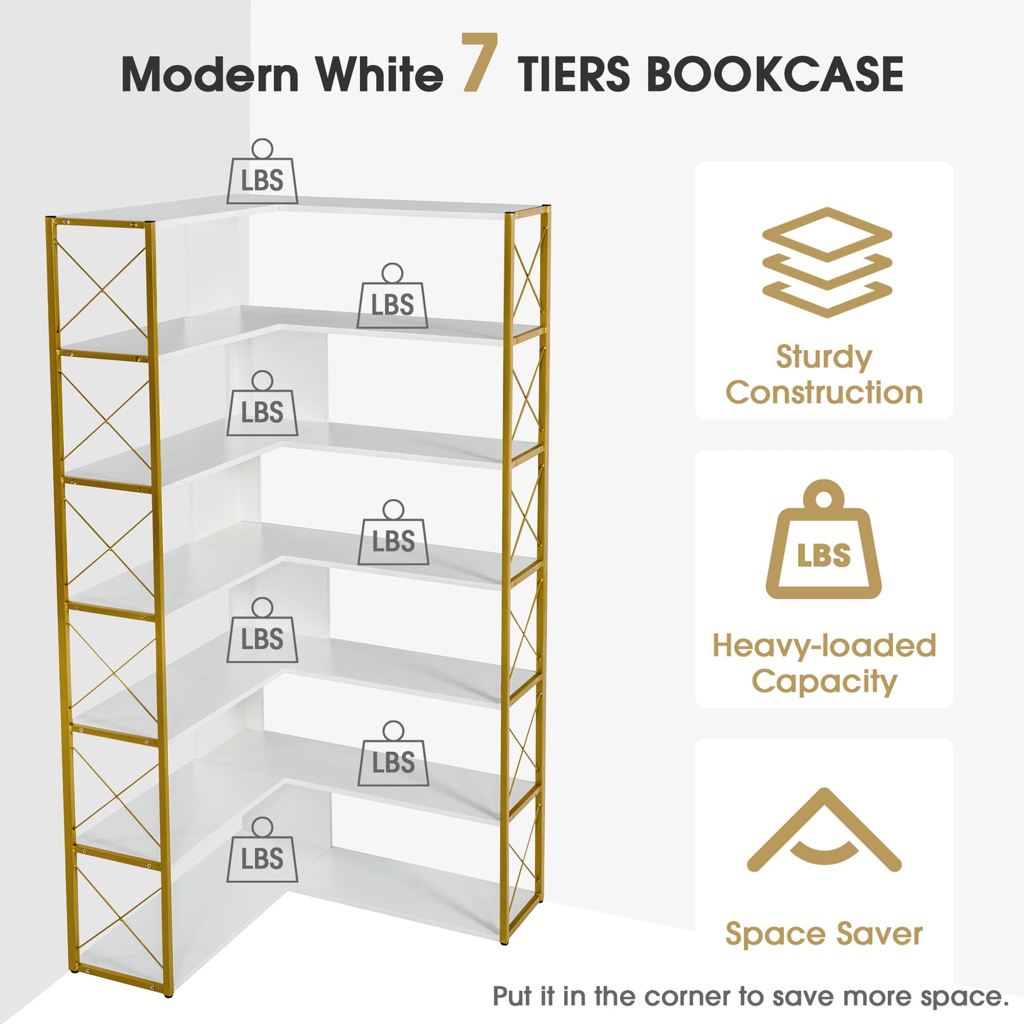 7-Tier L-Shaped Corner Bookcase with Metal Frame