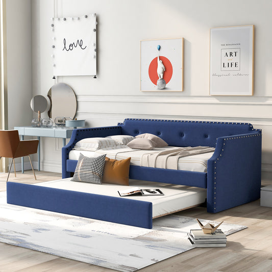 Contemporary Twin Size Blue Linen Daybed & Trundle