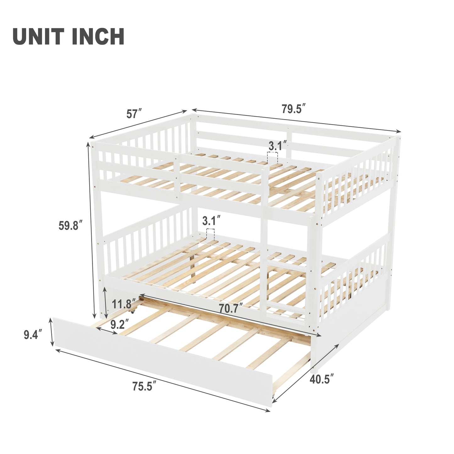 Inspirit Full over Full Convertible Bunk Bed with Trundle - White