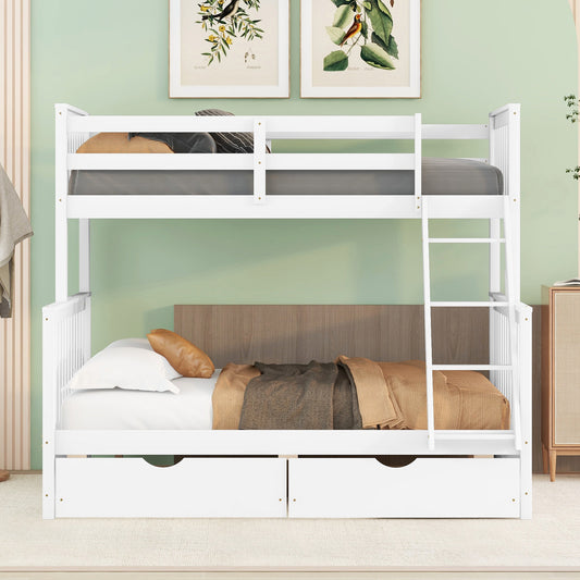 Homey Life Twin-Over-Full Bunk Bed with Ladders and Two Storage Drawers White